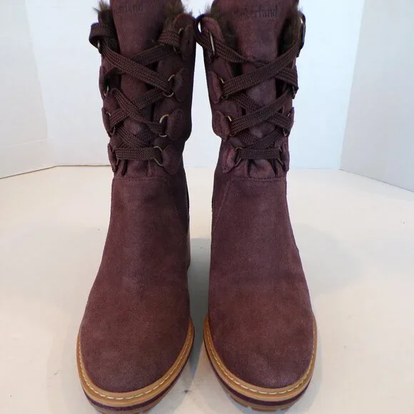Timberland Purple Suede Waterproof Fur Lined Lace Up Heeled Boots Womens Size 7 - Picture 2 of 14